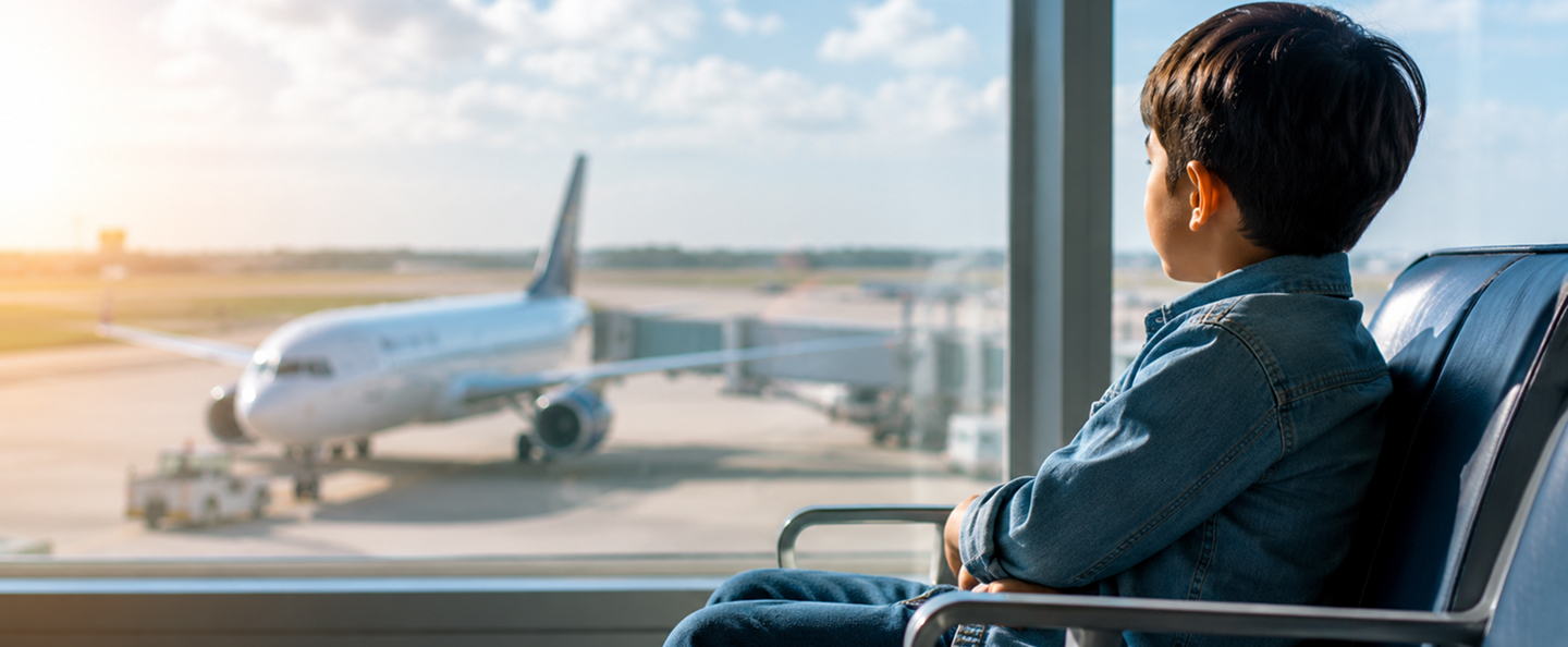 A child looking out of an airport terminal window at a plane