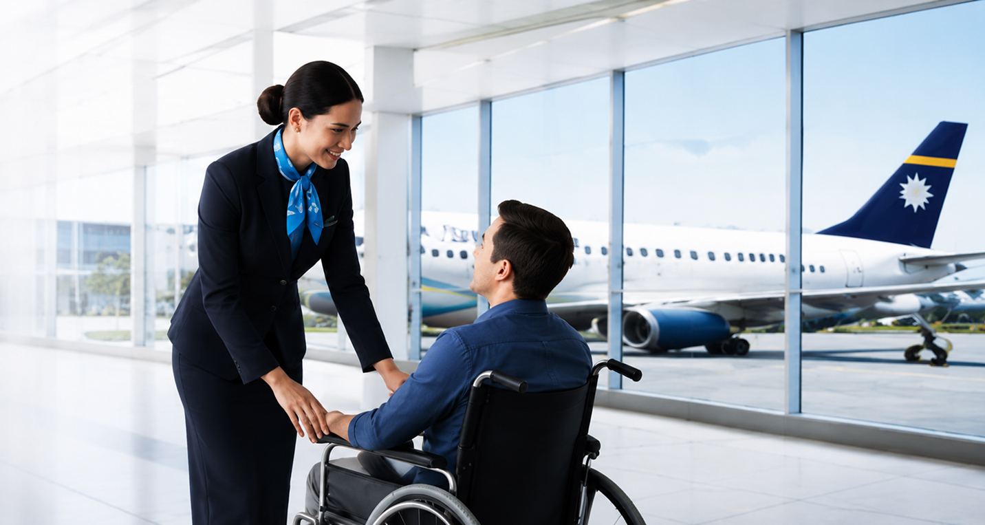 A flight attendant assisting a passenger in a wheelchair at the airport