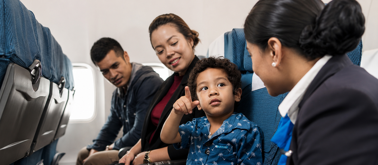 A flight attendant talking with a child on board