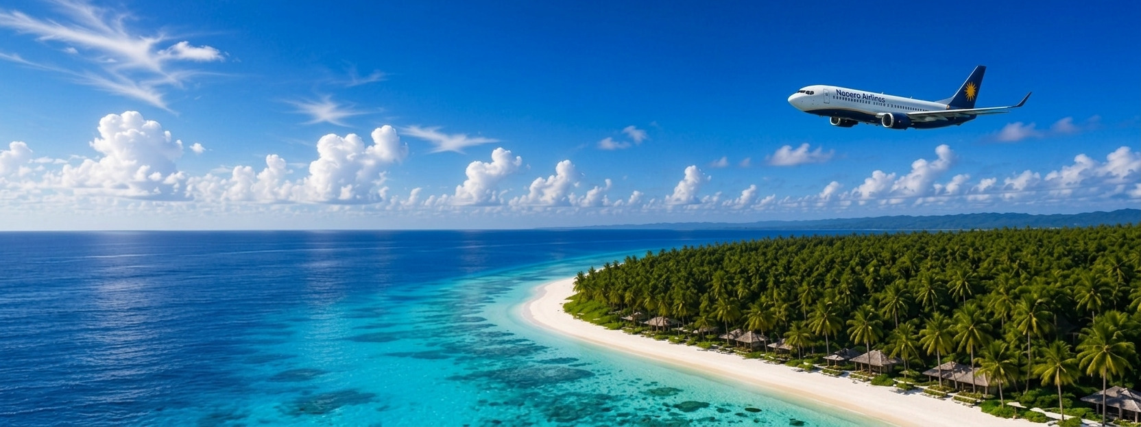 Naoero Airlines aircraft flying over a Pacific island