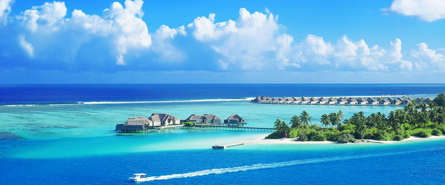 Overwater bungalows in a Pacific lagoon