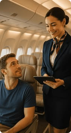 Cabin crew assisting a passenger